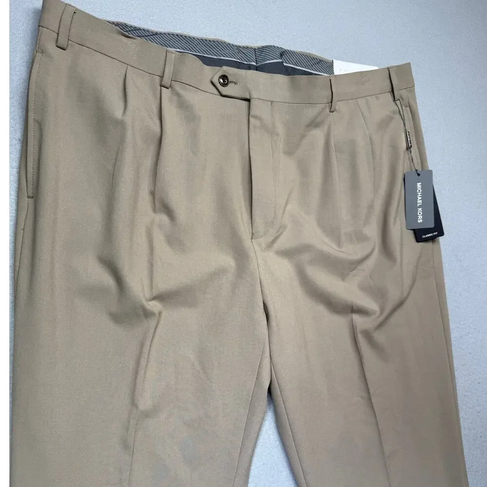 Michael Kors Men's Pleated Solid Classic Fit Pants Tan 40x32 $95